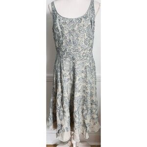Carmen Marc Valvo • Cream and Slate Blue Embellished Scoop Neck Midi Dress